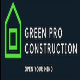 Green Pro Construction logo with a green geometric house and "OPEN YOUR MIND" tagline.