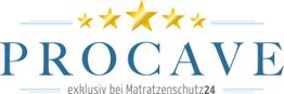 Logo von PRO CAVE mit fünf gelben Sternen, Text: "exklusiv bei Matratzenschutz24".