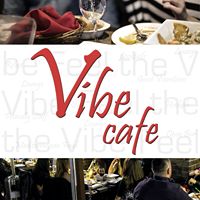 "Vibe Cafe logo with people dining, enjoying food and drinks in a cozy atmosphere."