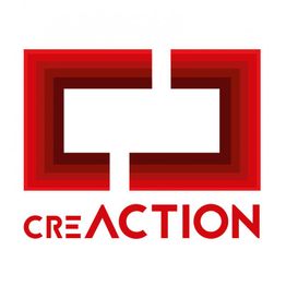 Rotes Logo mit verschachtelten Quadraten und dem Wort "CREACTION" in moderner Schrift.
