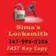 Red background with a lock and keys. Text: "Sima's Locksmith, 347-896-0206, FAST Key Copy."