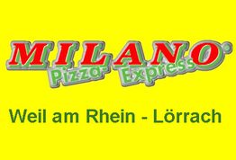 Logo von "Milano Pizza Express" auf gelbem Hintergrund mit Text: "Weil am Rhein - Lörrach".