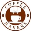 Braunes Logo mit Kaffeetasse, Kaffeemaschine und Text "Coffee Makers" im Kreis.