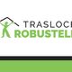 Logo di Traslochi Robustelli con figura stilizzata che regge un tetto. Scritte nere e verdi.