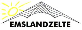 Logo von Emslandzelte: Ein Zelt mit gelber Sonne oben links.