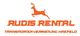 Logo mit springendem Hirsch und Text: "Rudis Rental, Transporter Vermietung Krefeld" in Orange.