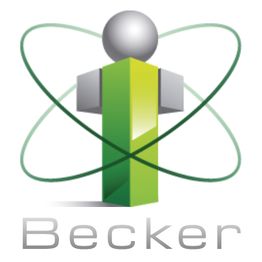Logo: Grüne 3D-Figur mit Kreisen umgeben, Text "Becker" darunter.