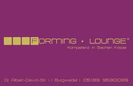 Lila Logo mit Text: "Forming Lounge, Kompetenz in Sachen Körper." Kontaktinformationen darunter.