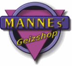 Logo mit der Aufschrift "MANNES' Geizshop" in lila und gelb auf einem dreieckigen Hintergrund.
