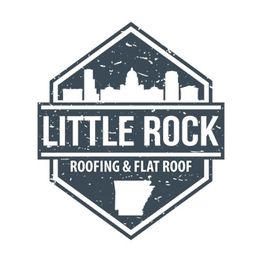Hexagonal logo with "Little Rock Roofing & Flat Roof" and skyline design.