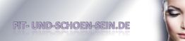 Halbnahaufnahme eines weiblichen Gesichts; daneben der Text "FIT- UND-SCHOEN-SEIN.DE" in Lila.