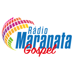 Logotipo da Rádio Maranata Gospel com letras coloridas em azul e vermelho.