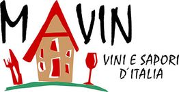 Logo mit Haus, Gabel, Weinglas und Text "MaVin Vini e Sapori d'Italia" in Schwarz und Rot.