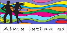 Sagome di ballerini su sfondo colorato con scritta "Alma latina asd".
