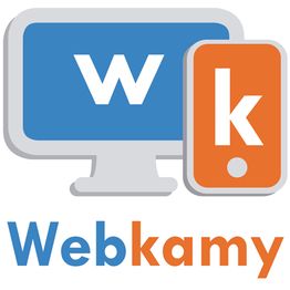 Logo de Webkamy con pantalla y móvil en azul y naranja.