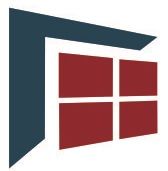 Grafik eines stilisierten Fensters mit vier roten Scheiben und dunkelblauem Rahmen.