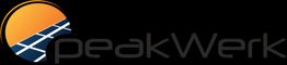 Logo mit orangem Kreis und Schriftzug "peakWerk", darin Solarpanel-Motiv integriert.