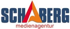 Logo der Schaberg Medienagentur mit blauen Buchstaben und rotem, orangem Akzent in der Mitte.