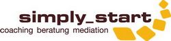 Logo mit Text "simply_start" und "coaching beratung mediation", gelbe Quadrate rechts.