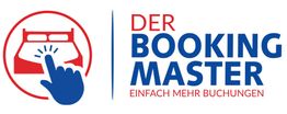 Logo: Finger klickt auf ein Bett-Symbol. Text: DER BOOKING MASTER - EINFACH MEHR BUCHUNGEN.