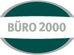 Grünes ovales Logo mit dem Text "BÜRO 2000" in der Mitte auf weißem Hintergrund.