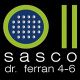 Logo de Sasco con texto "dr. ferran 4-6" en blanco y fondo negro, detalles verdes y azules.