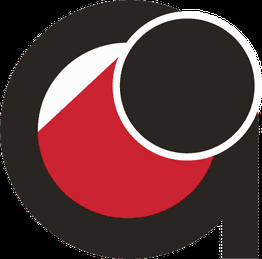 Grafisches Logo mit schwarzem Kreis, rotem und weißem Bereich, wie ein stilisiertes "a" gestaltet.