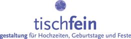Logo mit lila Blume; Text: "tischfein, Gestaltung für Hochzeiten, Geburtstage und Feste."