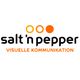 Logo mit Schriftzug "salt 'n pepper" und Text darunter "Visuelle Kommunikation", orange Kreise oben.