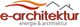 Logo mit Text "e-architektur energie & architektur", stilisierte Dächer, orange und graue Elemente.