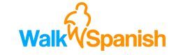 Logo with "Walk Spanish," featuring a stylized walking figure above a blue and orange text.