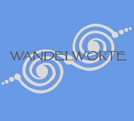 Blaues Logo mit weißem Spiralmuster und dem Wort "WANDELWORTE" in Grau darüber.