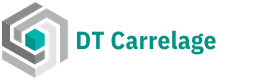 Logo de DT Carrelage avec motif géométrique et texte turquoise.