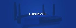Blue Linksys router with four antennas on a blue background.
