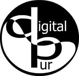 Logo mit schwarzem Kreis, weißer Schrift: "digital pur", Buchstaben "d" und "p" ineinander verwoben.