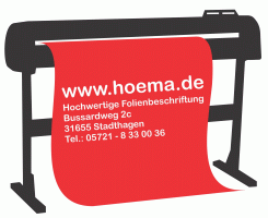 Plotter mit roter Folie, Text: "www.hoema.de, Folienbeschriftung, Adresse und Telefonnummer".