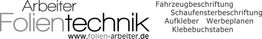 Arbeiter Folientechnik Logo mit Dienstleistungen: Fahrzeugbeschriftung, Aufkleber, Werbeplanen.
