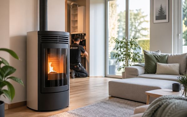 Ein Pelletofen in einem gemütlichen Wohnzimmer. Ein Installateur schließt die letzten technischen Feinheiten an.