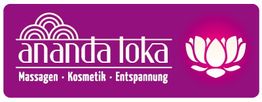 Lila Logo mit Schrift "ananda loka", drei Linien, Lotusblume, Text "Massagen, Kosmetik, Entspannung".