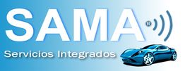 Logo de SAMA: "Servicios Integrados" en letras blancas con un coche azul y ondas de señal.