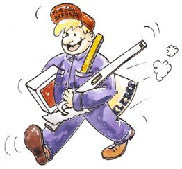 Fröhlicher Handwerker mit Werkzeugen und Kleber in der Hand. Trägt Kappe mit "FLIESEN BRENNER".