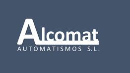 Logo de Alcomat Automatismos S.L. con fondo azul oscuro y texto blanco.
