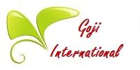 Grünes Blatt-Logo mit rotem Text "Goji International" auf weißem Hintergrund.
