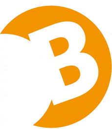 Großes weißes B vor einem orangefarbenen Halbkreis auf weißem Hintergrund.