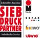 Logos von Siebdruckpartner, Marabu, Sefar, Kiwo und Ulano. Texthinweis: Gebündeltes Knowhow.