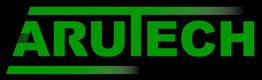 Groene tekst "ARUTECH" op zwarte achtergrond met gestreepte A-streep.
