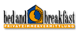 Logo mit Text "bed and breakfast, Privatzimmervermittlung". Grafisches Haus und Mondsymbol.