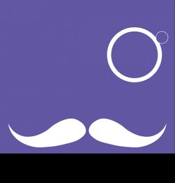 Lila Hintergrund mit weißem Schnurrbart und Kreis.