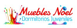 Texto: "Muebles Noel Dormitorios Juveniles". Salpicaduras de pintura coloridas a la izquierda.