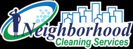 Logo for Neighborhood Cleaning Services with a figure, bubbles, and city skyline.